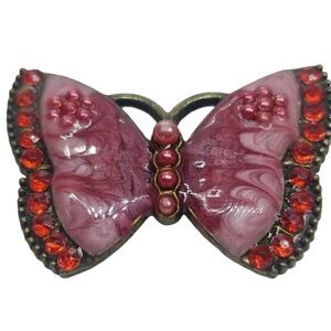 Vintage Butterfly Pink Swirl Pearl red Crystal Pin